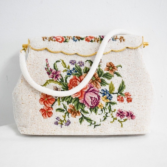 Vintage Denise Francelle BagFloral Petit Point and Ivory Pavé Bead1950